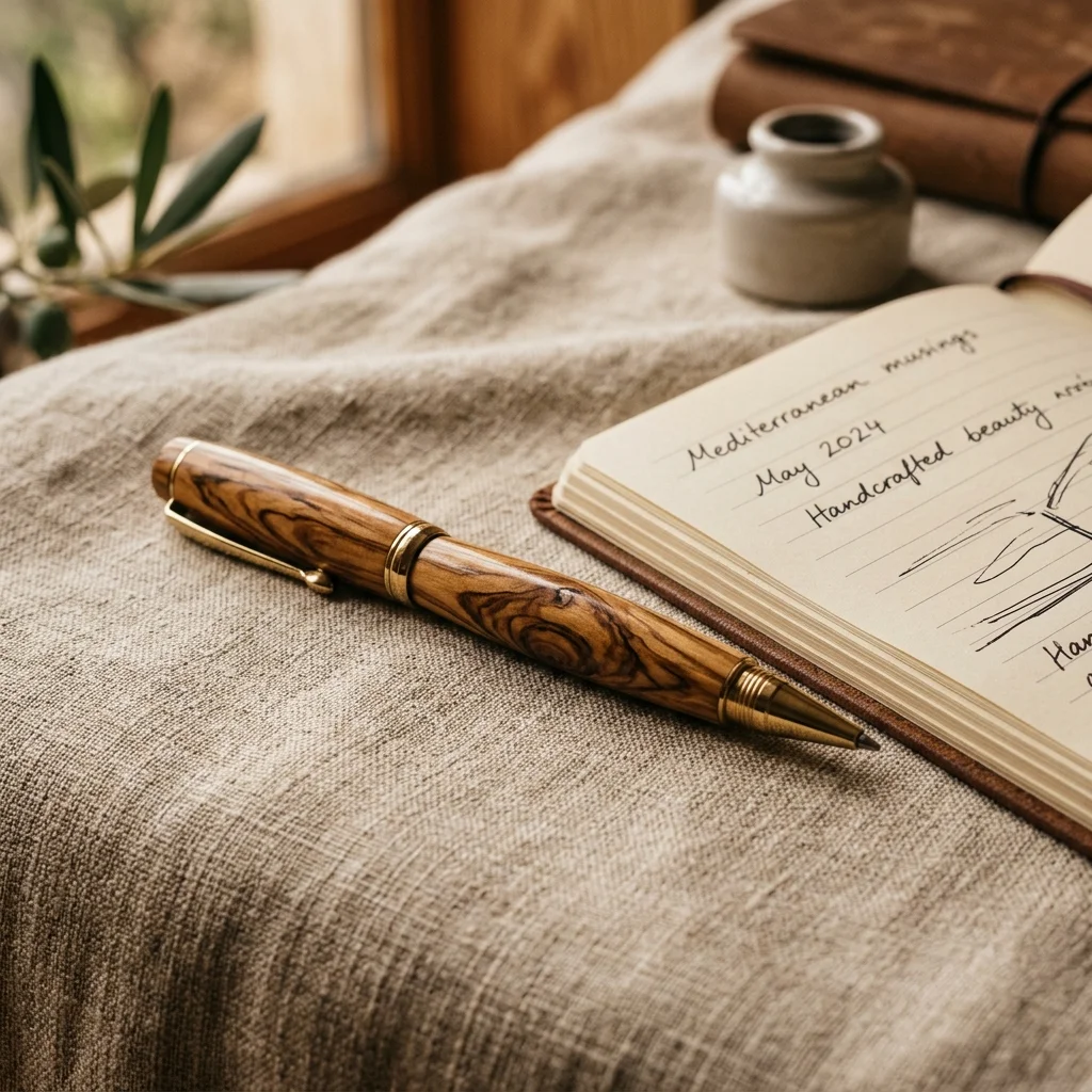 Dettaglio ravvicinato di una penna stilografica artigianale in legno d'ulivo